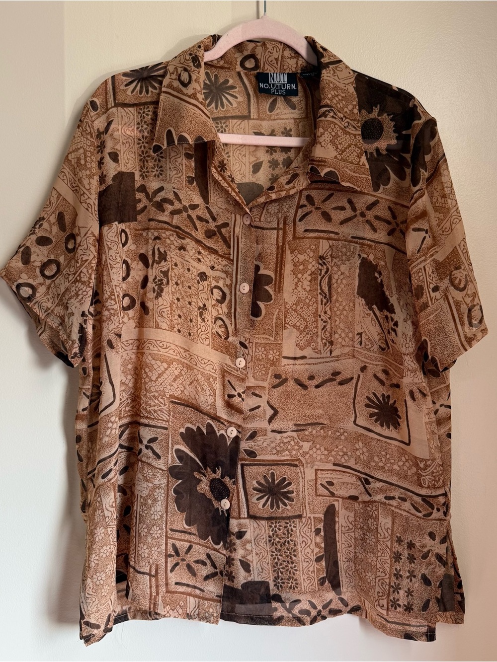 Y2K Sheer Brown & Beige Printed Button Down Shirt Size 1X